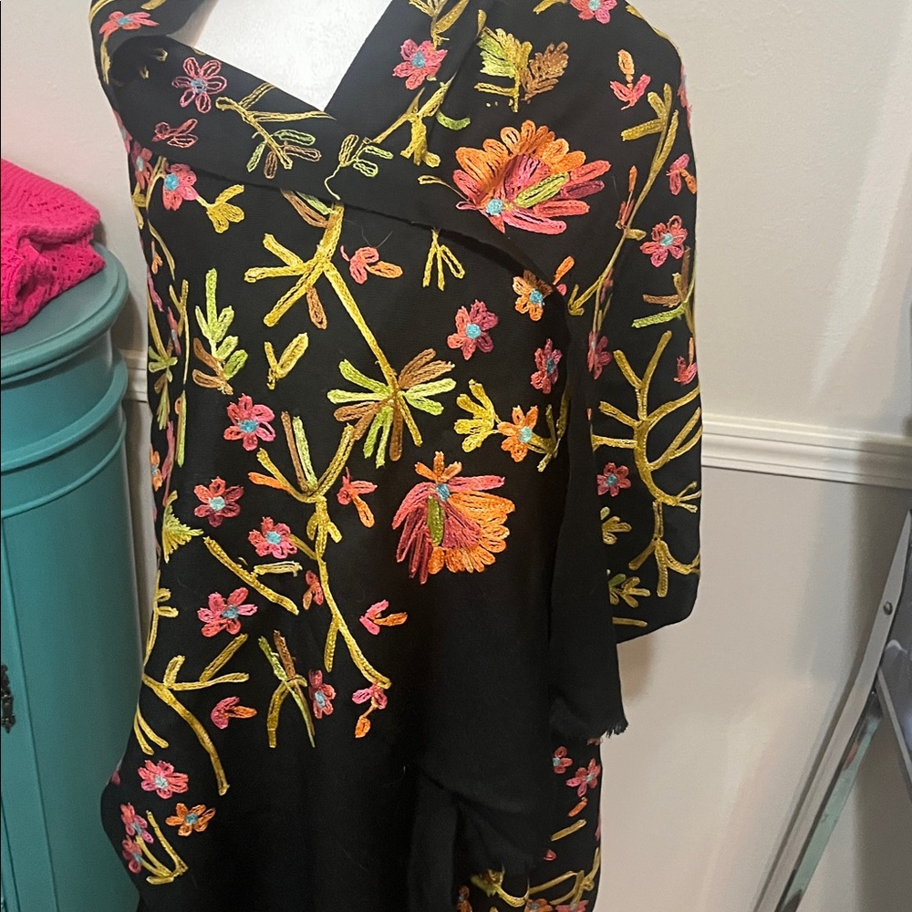 Floral Embroidered Black Shawl